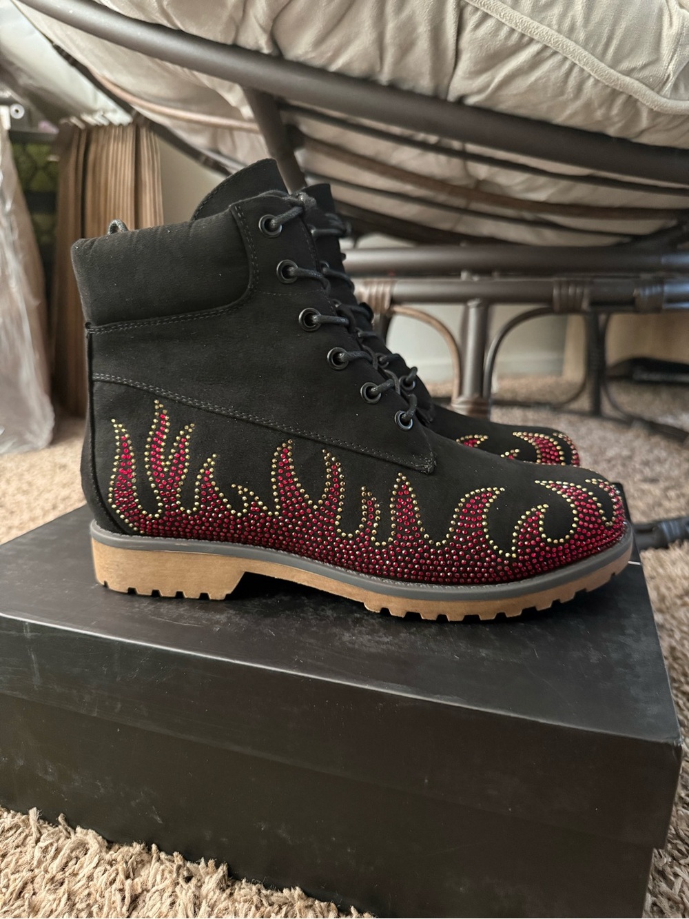 Cape Robbin Black Suede Lace-Up Boots with Red & Gold Crystal Flame Detail